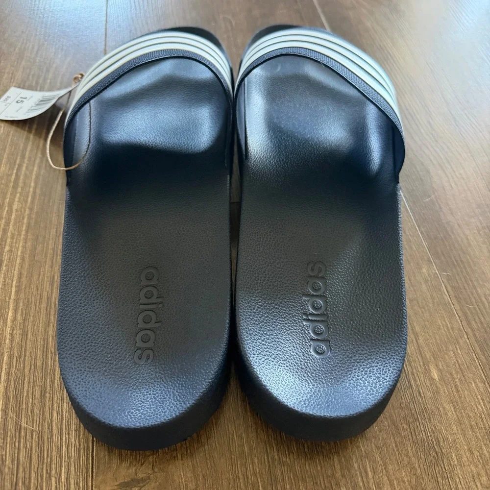 Adidas Adilette Shower Slides Black White Striped Sporty Poolside GZ5920 Size 15